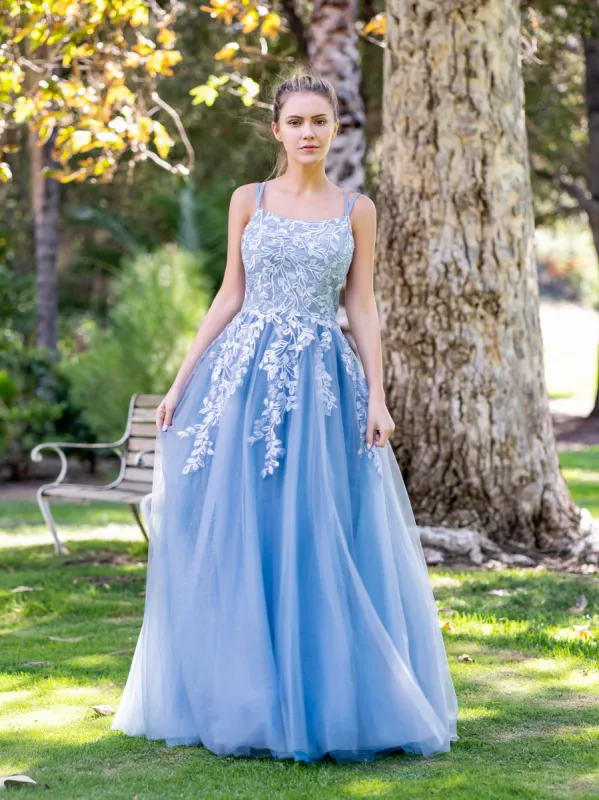 A-line Lace Applique Floor Length Tulle Prom Dress sold by KissProm