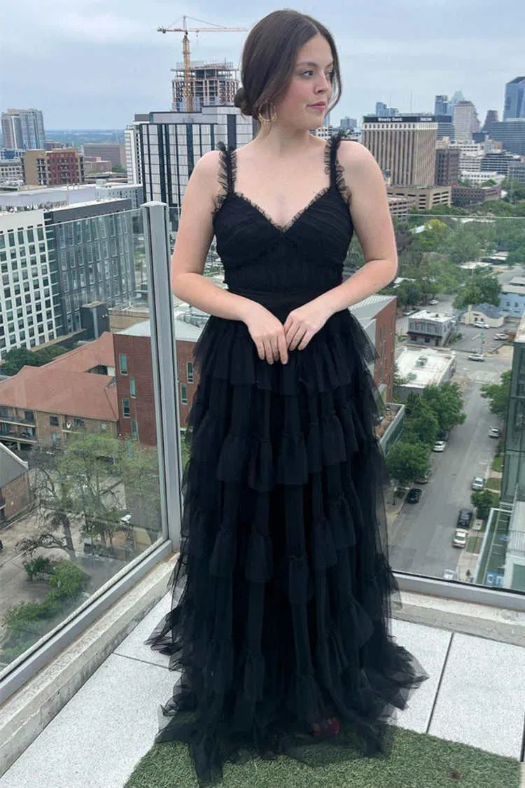 Yasmine | V-Neck Black Layered Tulle A-Line Prom Dress sold by KissProm product image thumbnail 3