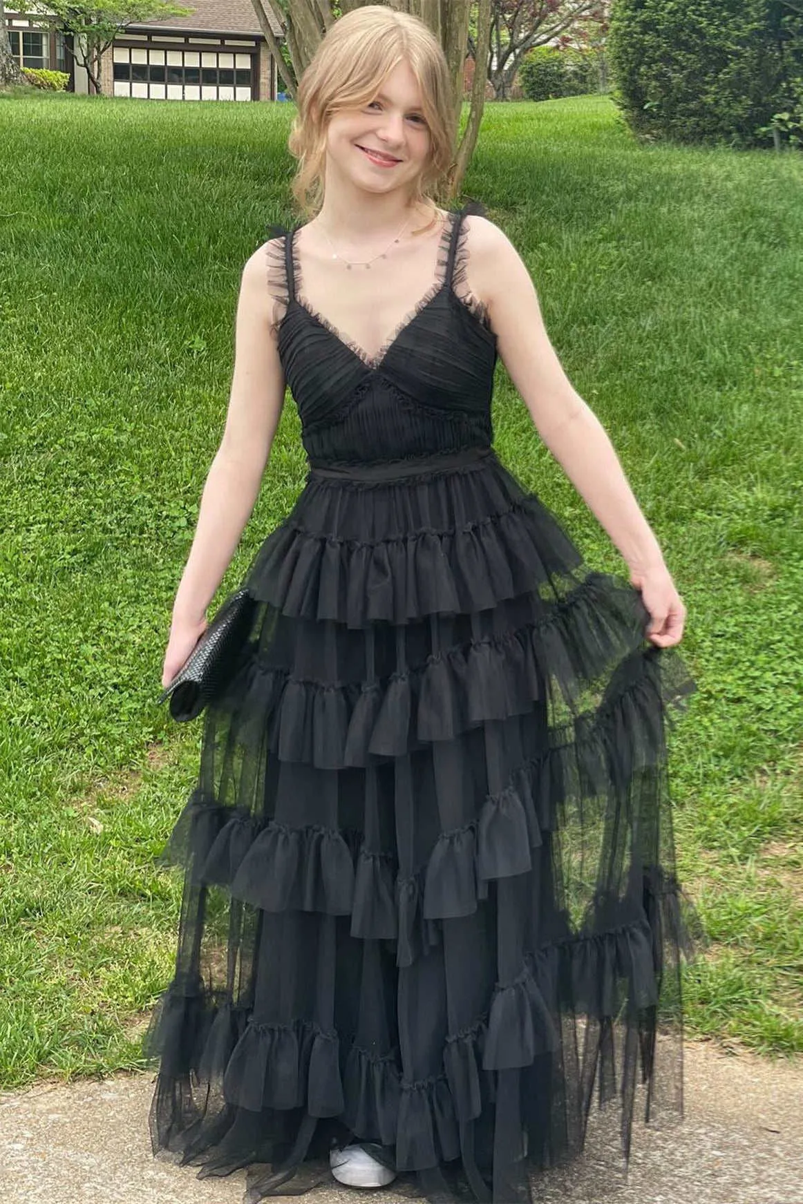 Yasmine | V-Neck Black Layered Tulle A-Line Prom Dress sold by KissProm