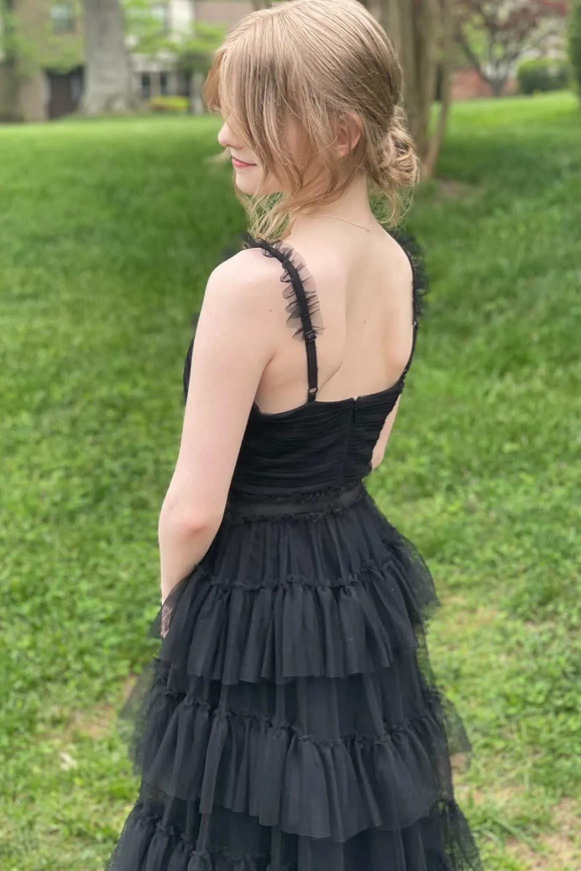 Yasmine | V-Neck Black Layered Tulle A-Line Prom Dress sold by KissProm product image thumbnail 2