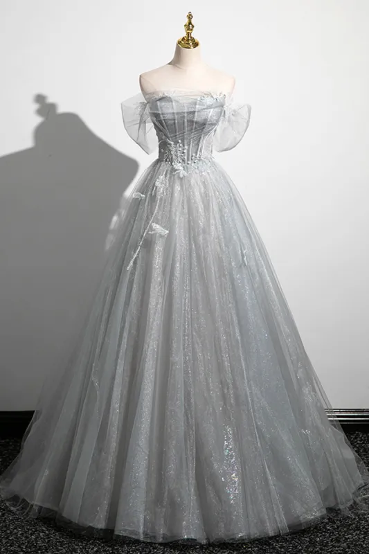 Tiana | Gray A-Line Off the Shoulder Tulle Prom Dress, Lovely Corset Floor Length Party Dress sold by KissProm