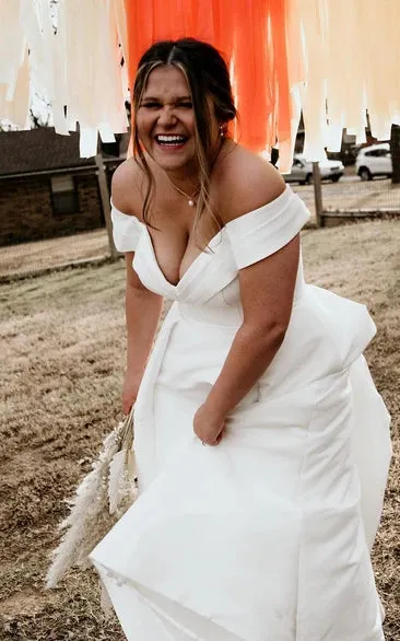 Romantic Off-the-shoulder A-Line Satin Wedding Dress With Button Back sold by KissProm product image thumbnail 4