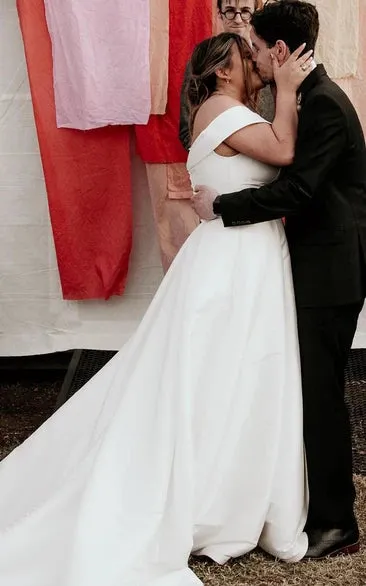 Romantic Off-the-shoulder A-Line Satin Wedding Dress With Button Back sold by KissProm product image thumbnail 2