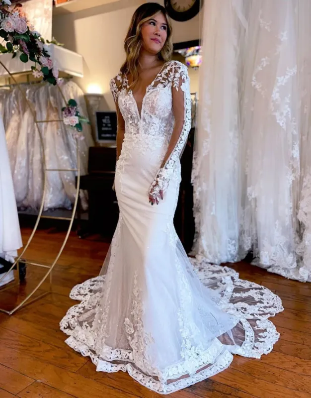 Paula | Mermaid V-Neck Long Sleeves Wedding Dress With Appliques sold by KissProm