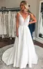 Sansa | Plunging Neckline A-Line Satin Wedding Dress With Low-V Back And Appliques sold by KissProm