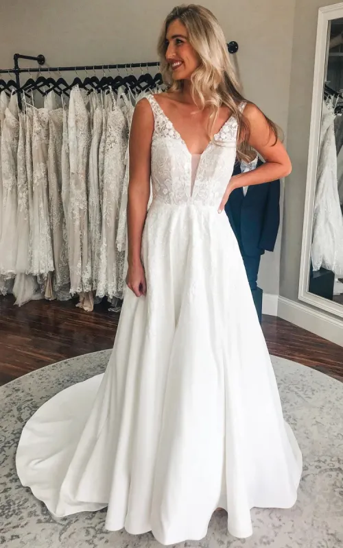 Sansa | Plunging Neckline A-Line Satin Wedding Dress With Low-V Back And Appliques sold by KissProm