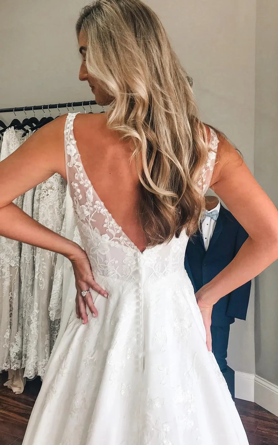 Sansa | Plunging Neckline A-Line Satin Wedding Dress With Low-V Back And Appliques sold by KissProm product image thumbnail 3