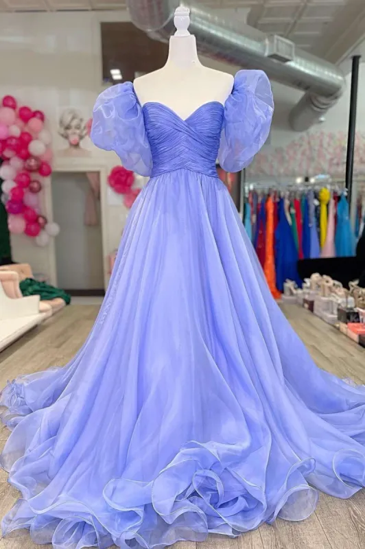 Lavender Strapless A-Line Prom Dress with Puff Sleeves sold by KissProm