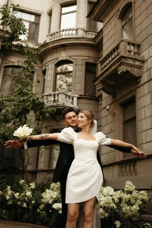 Zola | Bodycon Square Neck Satin Short Wedding Dresses with Lantern Sleeves sold by KissProm