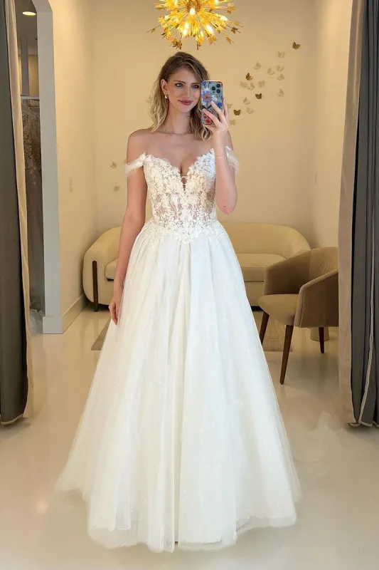 A-Line Off the Shoulder Tulle Wedding Dresses with Appliques sold by KissProm
