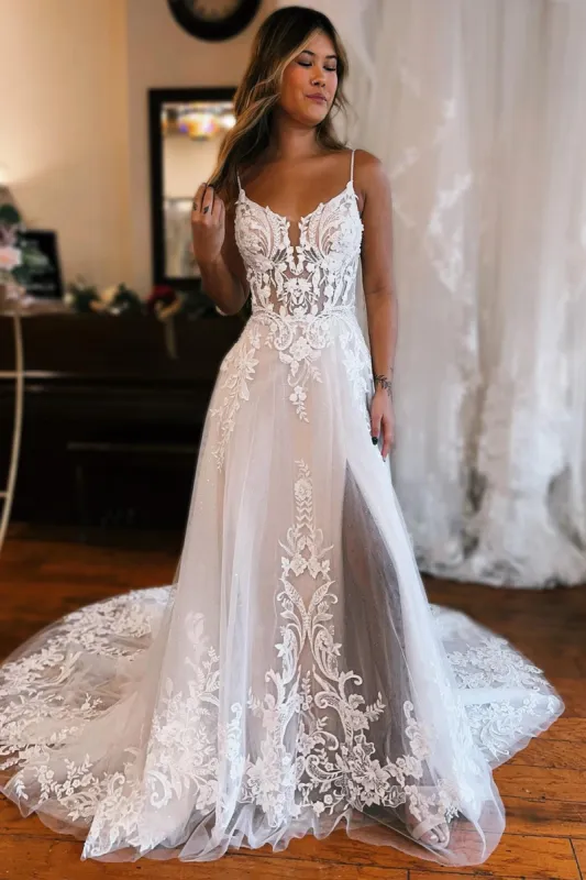Annika | Ivory Detachable Sleeve High Slit A-Line Wedding Dress with Appliques sold by KissProm
