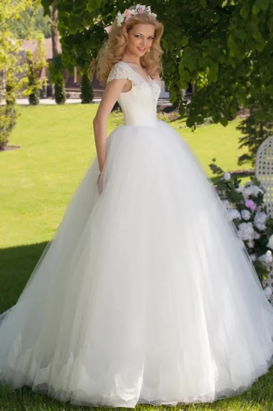 Ball Gown V-Neck Ruched Cap Sleeve Tulle Wedding Dress sold by KissProm