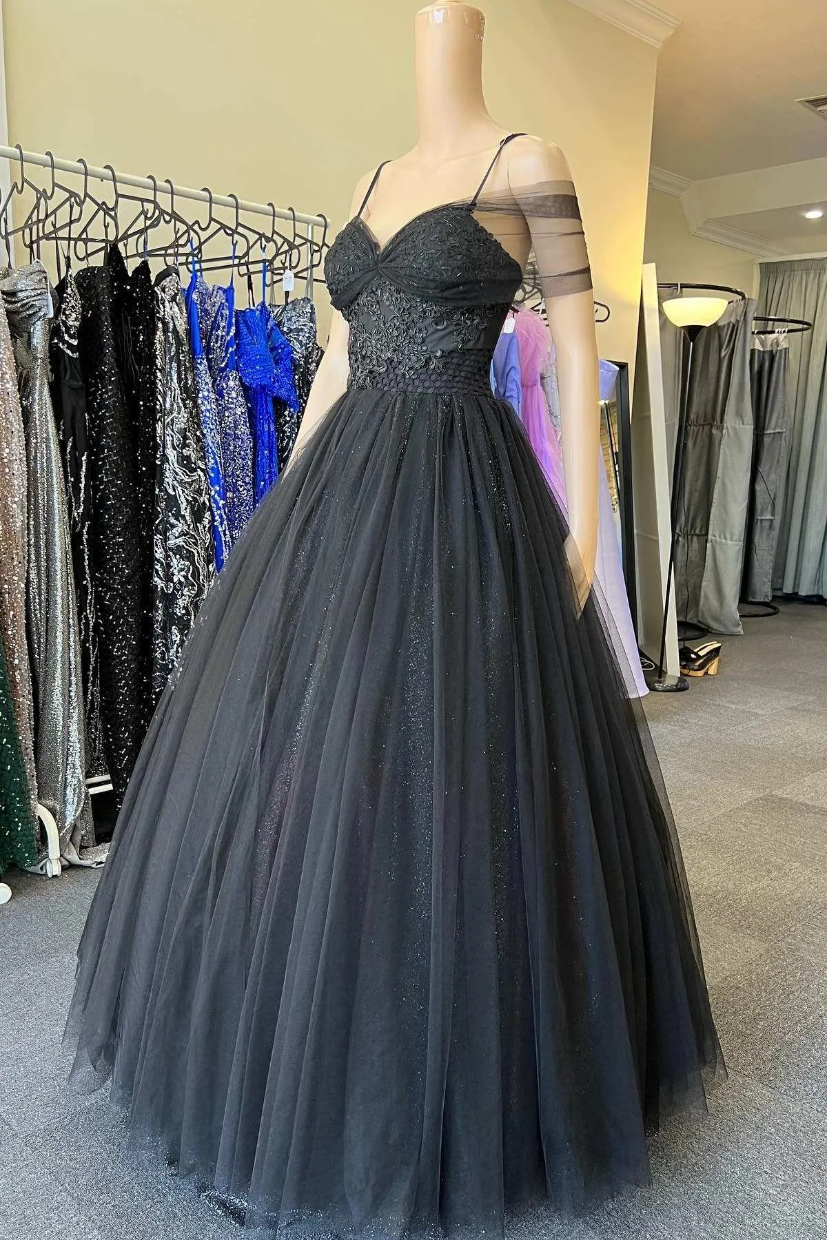 Princess Black Tulle Cold-Shoulder Long Prom Gown sold by KissProm