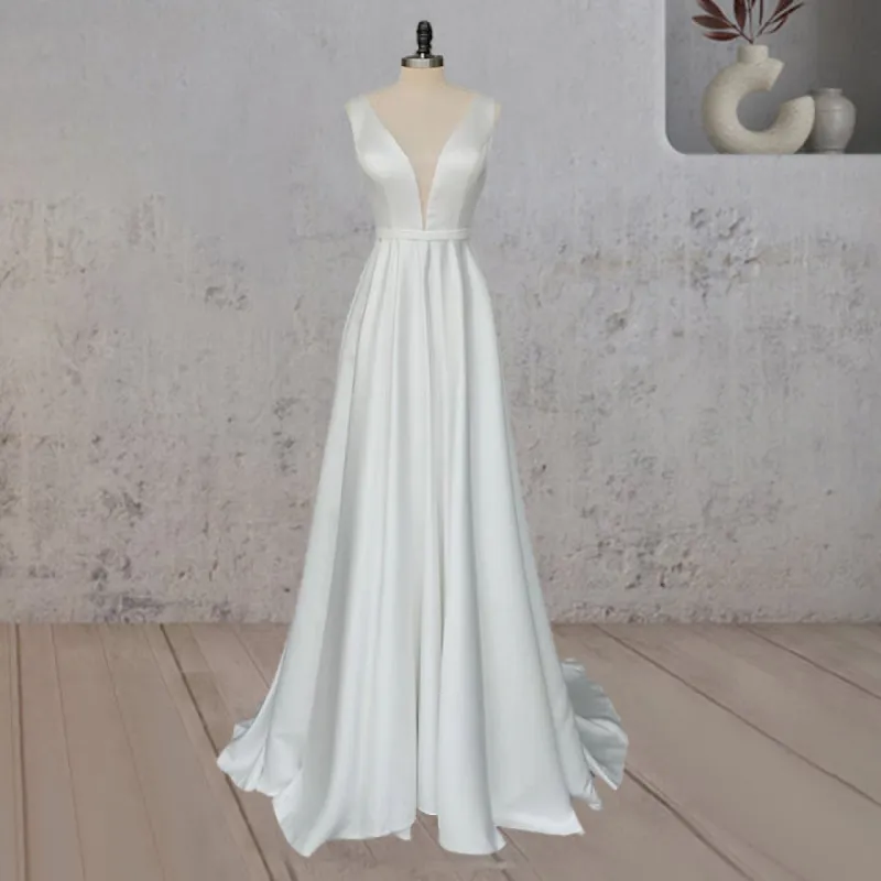 A-Line White Satin Elegant V Neck Wedding Dress sold by KissProm