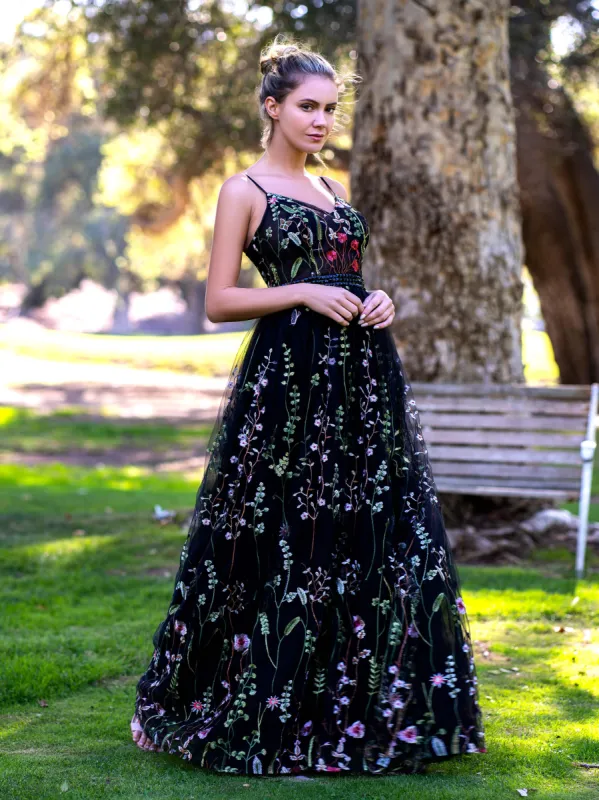 V-neck Spaghetti Straps Applique Tulle Floor Length Prom Dress sold by KissProm