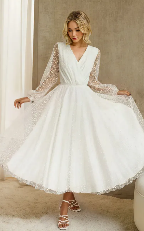 A-Line Tulle White Tea-Length Long Sleeve Wedding Dress sold by KissProm