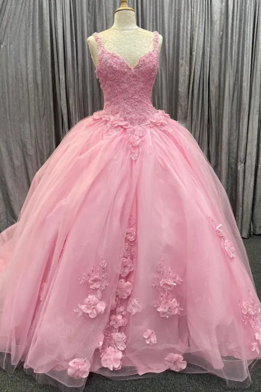 Pink Tulle Floral Appliques Sweetheart Lace-Up Quinceanera Dress sold by KissProm