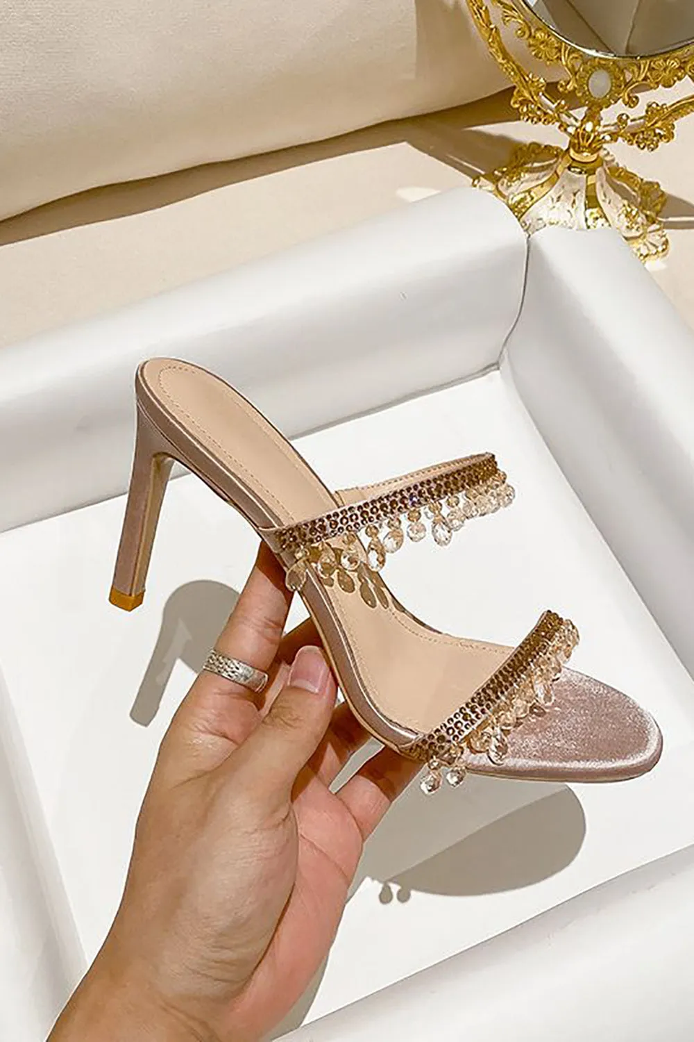 Blush High Stiletto Open Toe Two Strap High Heeled Sandal with Beading sold by KissProm product image thumbnail 2