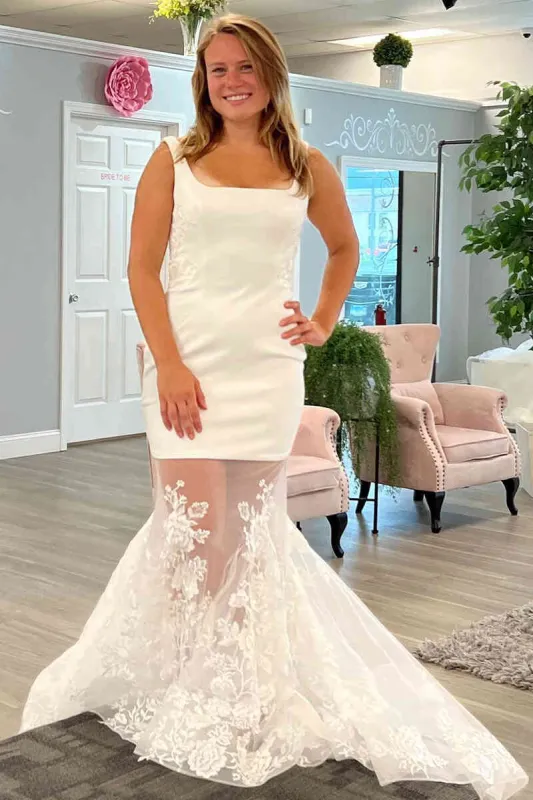 Mermaid Square Neck White Lace Tulle Bridal Dress sold by KissProm