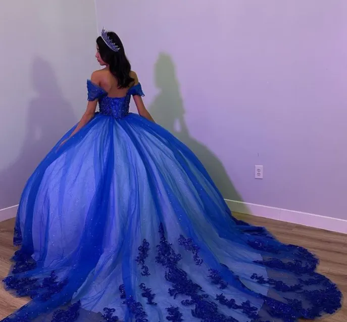 Fiora | Royal Blue Tulle Off the Shoulder Quinceanera Dress sold by KissProm product image thumbnail 2