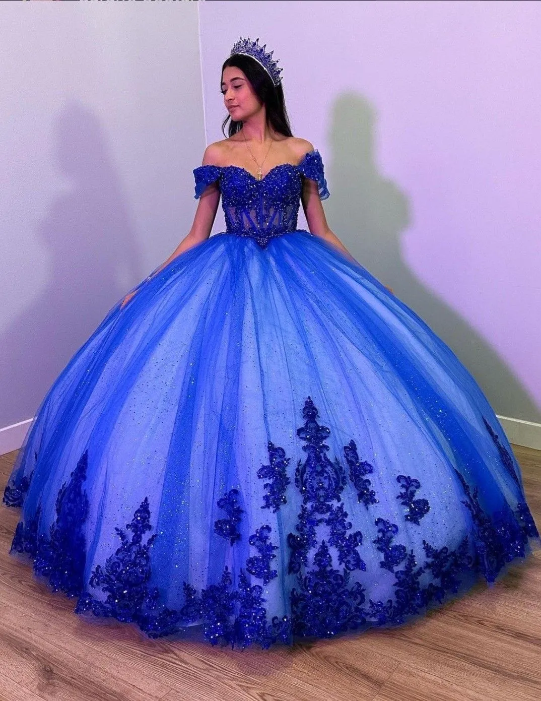 Fiora | Royal Blue Tulle Off the Shoulder Quinceanera Dress sold by KissProm