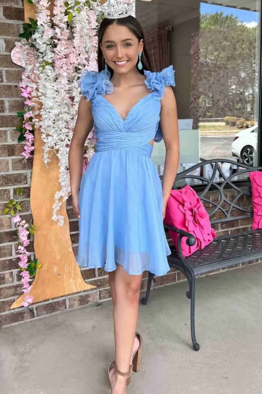 Jill | V-Neck Sky Blue Pleated A-Line Party Dress sold by KissProm