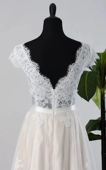 Cap Sleeve Tulle Lace Satin Weddig Dress With Low-V Back sold by KissProm product image thumbnail 3