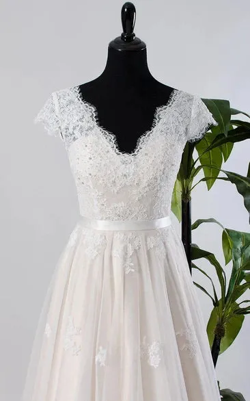 Cap Sleeve Tulle Lace Satin Weddig Dress With Low-V Back sold by KissProm product image thumbnail 4