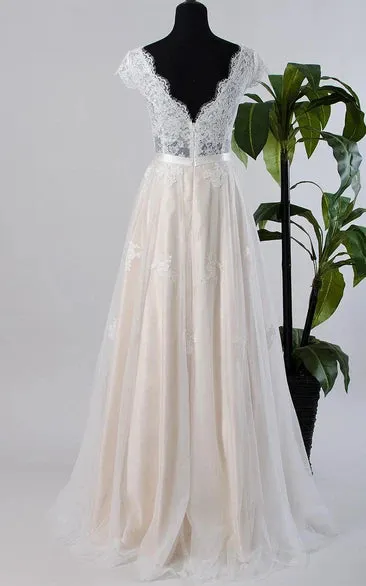 Cap Sleeve Tulle Lace Satin Weddig Dress With Low-V Back sold by KissProm product image thumbnail 2