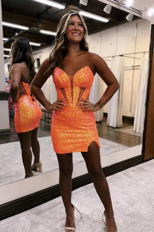 Orange Sparkly Strapless Bodycon Sequin Mini Party Dresses with Slit made by KissProm