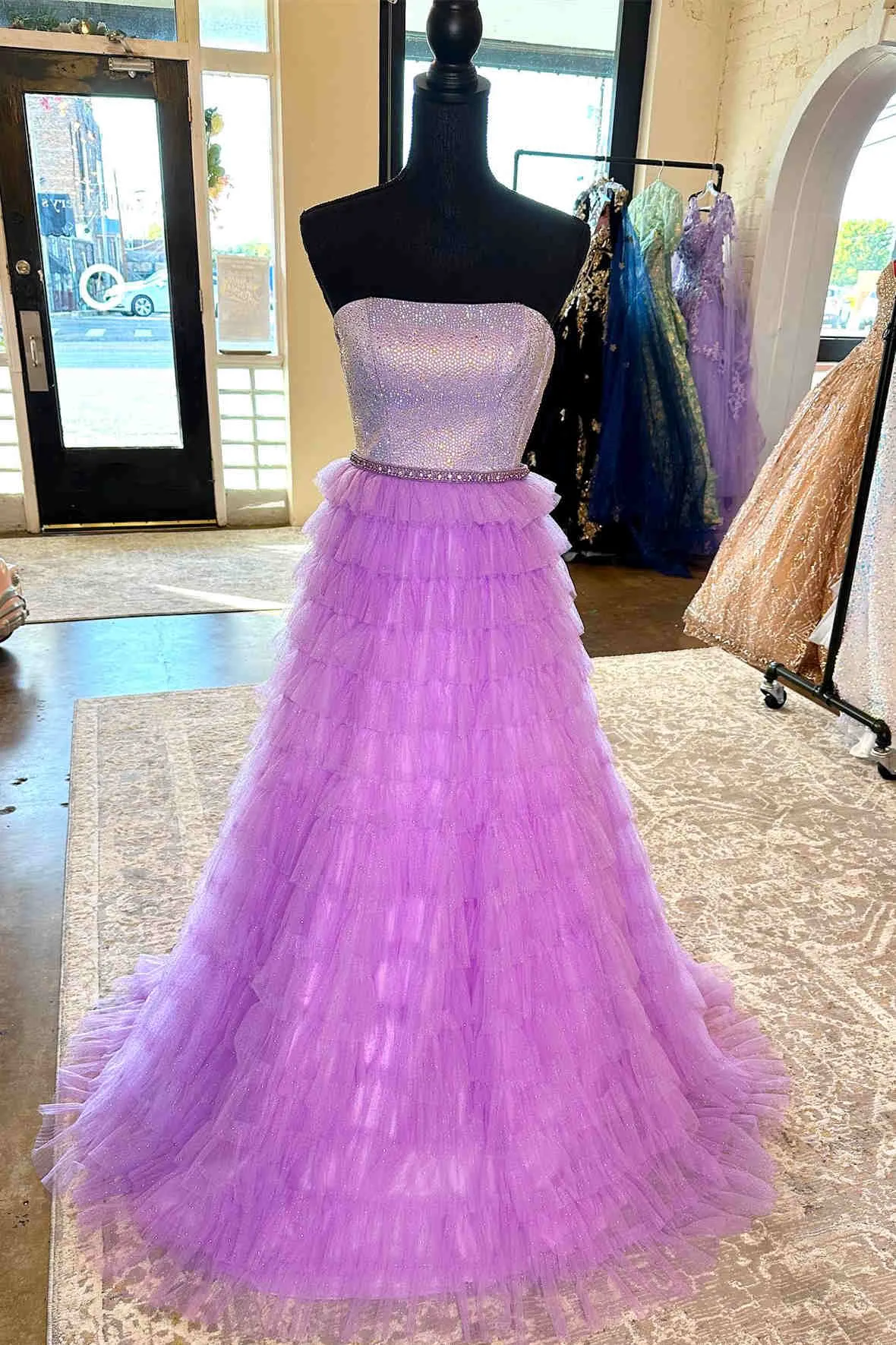 Yvonne | A-Line Strapless Lilac Layered Long Prom Dress with Rhinestones sold by KissProm