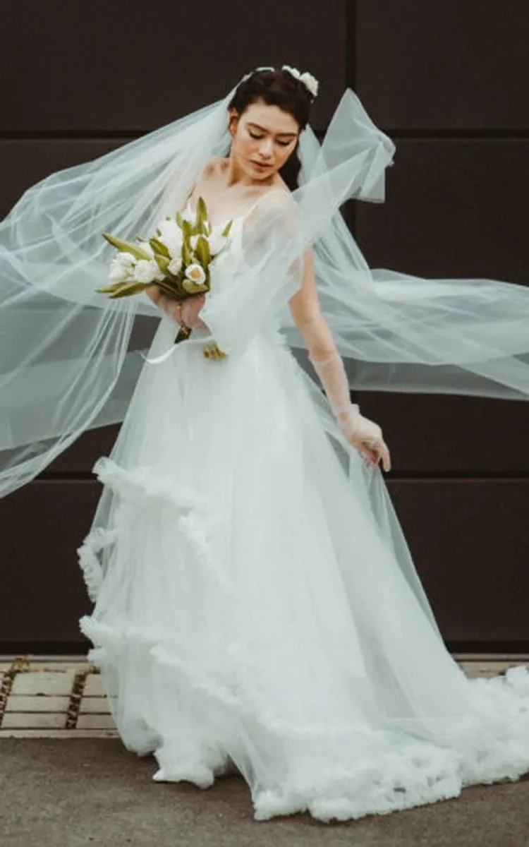Modern A Line Tulle Spaghetti Neckline Sleeveless Wedding Dress with Tiers sold by KissProm product image thumbnail 3