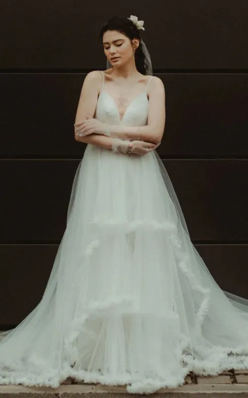 Modern A Line Tulle Spaghetti Neckline Sleeveless Wedding Dress with Tiers sold by KissProm