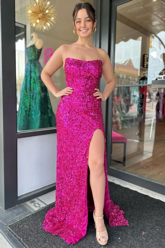 Fuchsia Strapless Sequins Long Prom Dress with Slit sold by KissProm