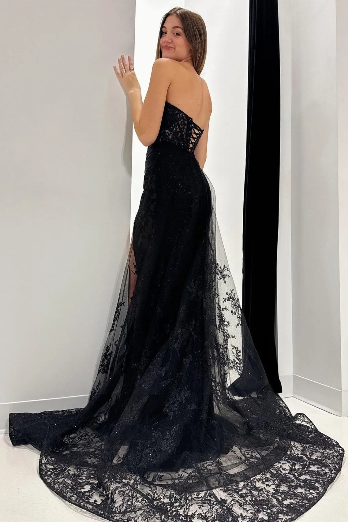 Giuliana | Black Lace Strapless Long Formal Dress with Attached Train sold by KissProm product image thumbnail 4