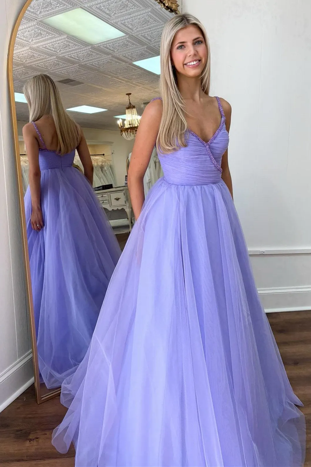 Lavender Beaded Surplice Tulle Prom Dress sold by KissProm