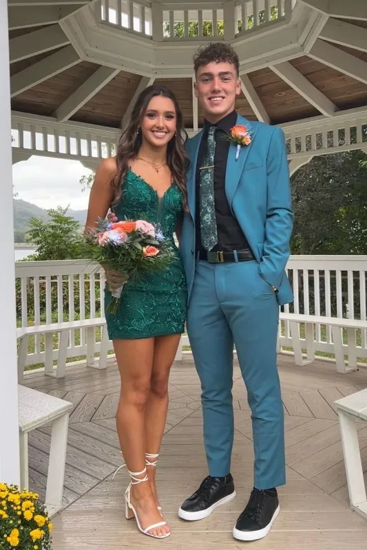 Elsie | Dark Green Sheath Lace Short Homecoming Dresses sold by KissProm