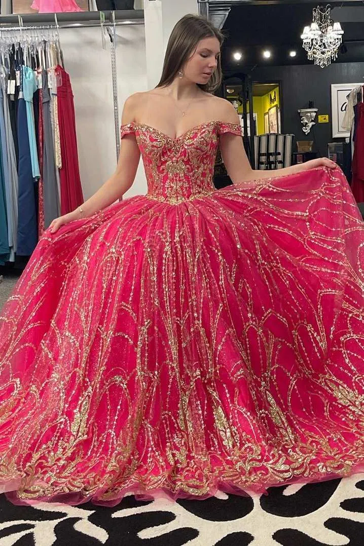 Quinceanera Dress Princess Off-the-Shoulder Red Sequin Lace Ball Gown sold by KissProm product image thumbnail 4