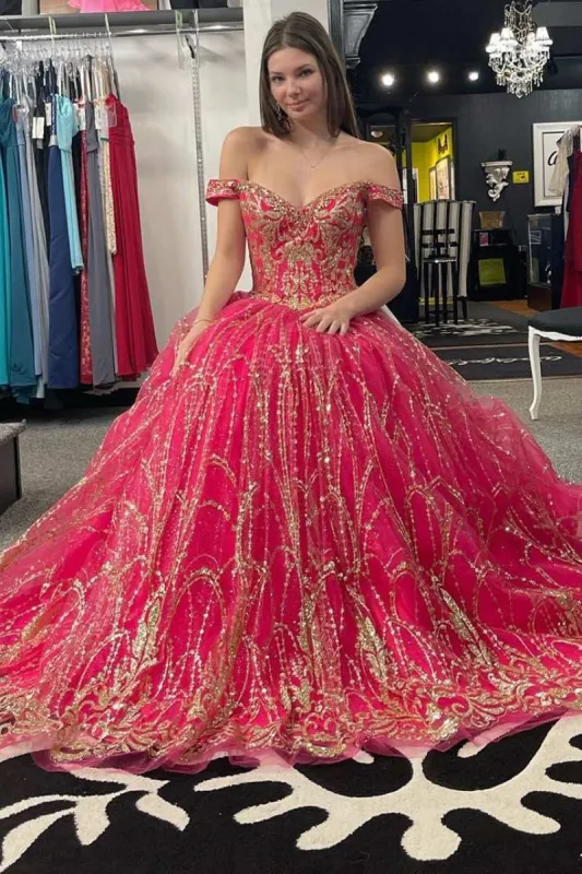 Quinceanera Dress Princess Off-the-Shoulder Red Sequin Lace Ball Gown sold by KissProm