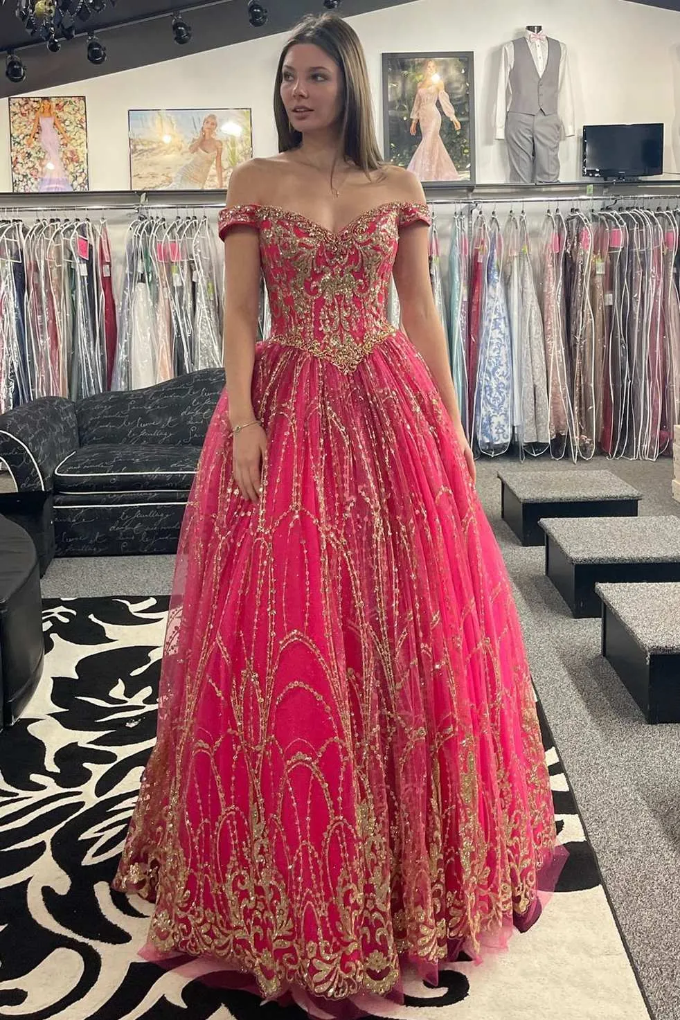 Quinceanera Dress Princess Off-the-Shoulder Red Sequin Lace Ball Gown sold by KissProm product image thumbnail 2