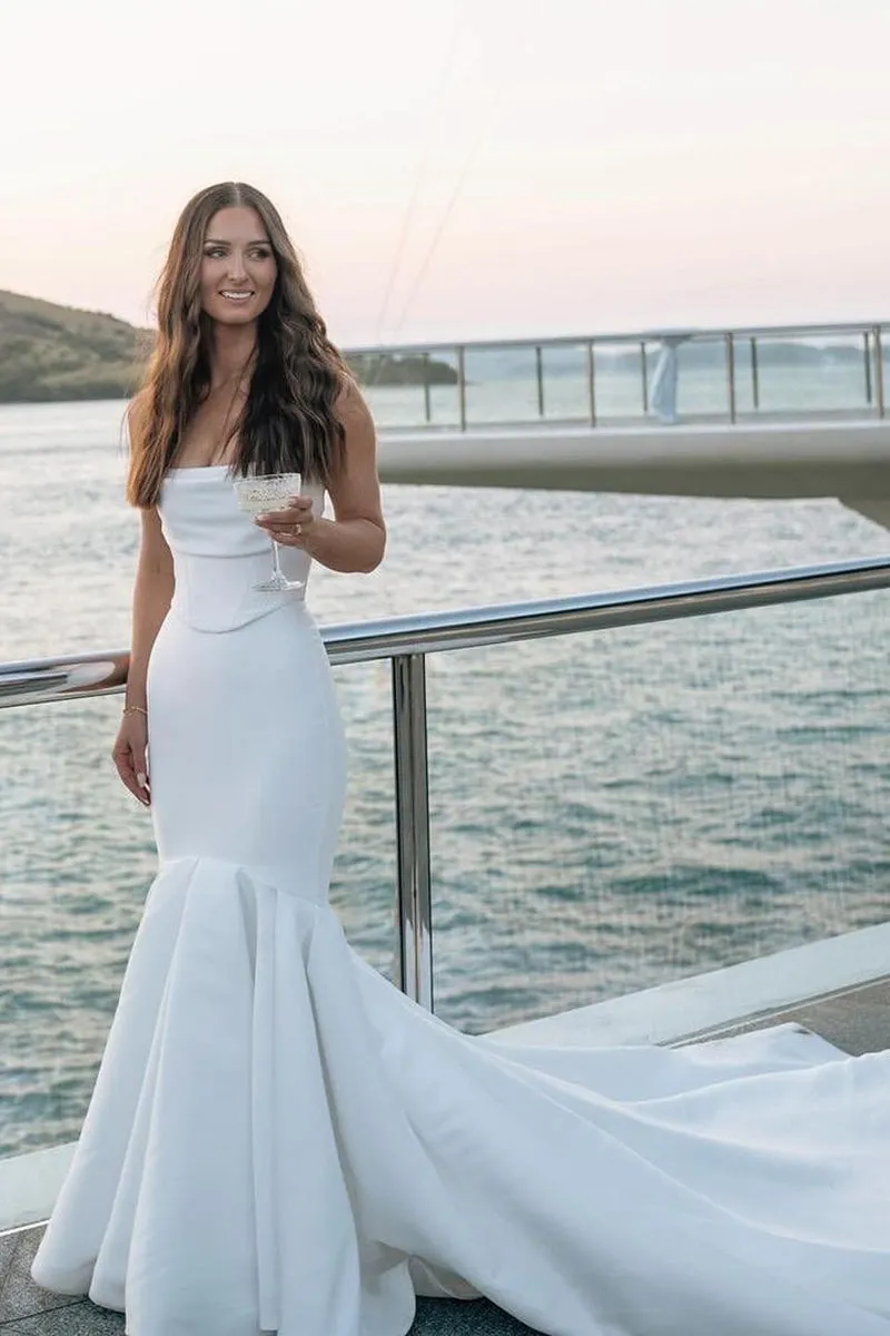Simple Mermaid Strapless Satin Wedding Dresses sold by KissProm
