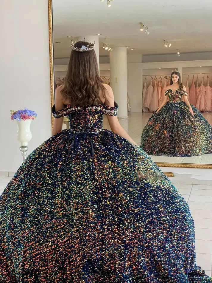 Sequined Ball-Gown Off Shoulder Beaded Velvet Quinceanera Dresses sold by KissProm product image thumbnail 4