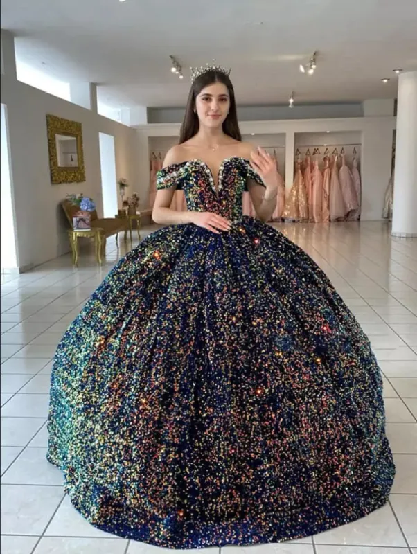 Sequined Ball-Gown Off Shoulder Beaded Velvet Quinceanera Dresses sold by KissProm