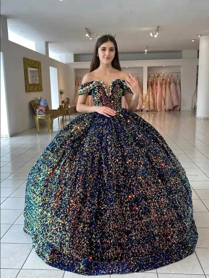 Sequined Ball-Gown Off Shoulder Beaded Velvet Quinceanera Dresses sold by KissProm