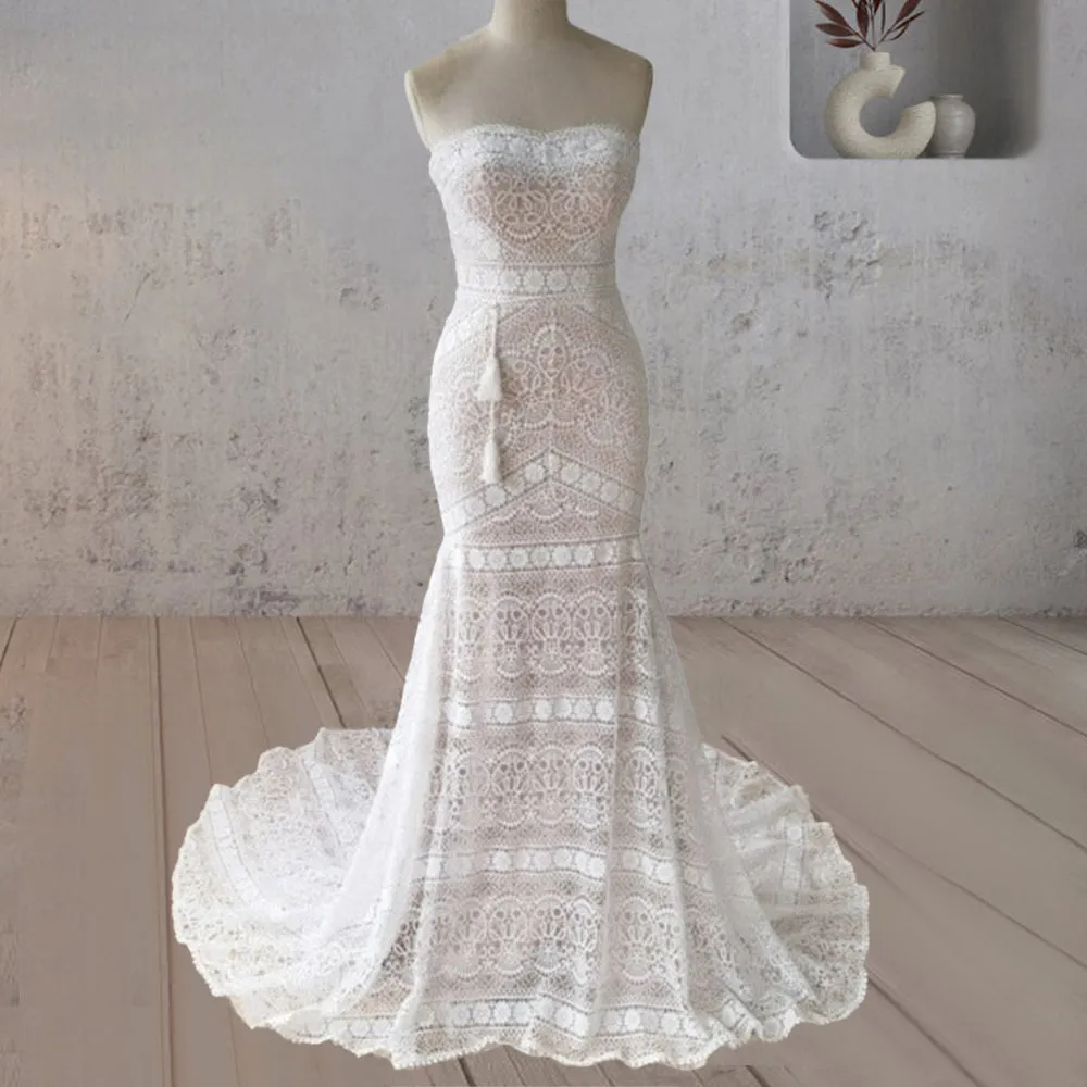 Karolina | Vintage White Mermaid Lace Wedding Dress with Tassel sold by KissProm