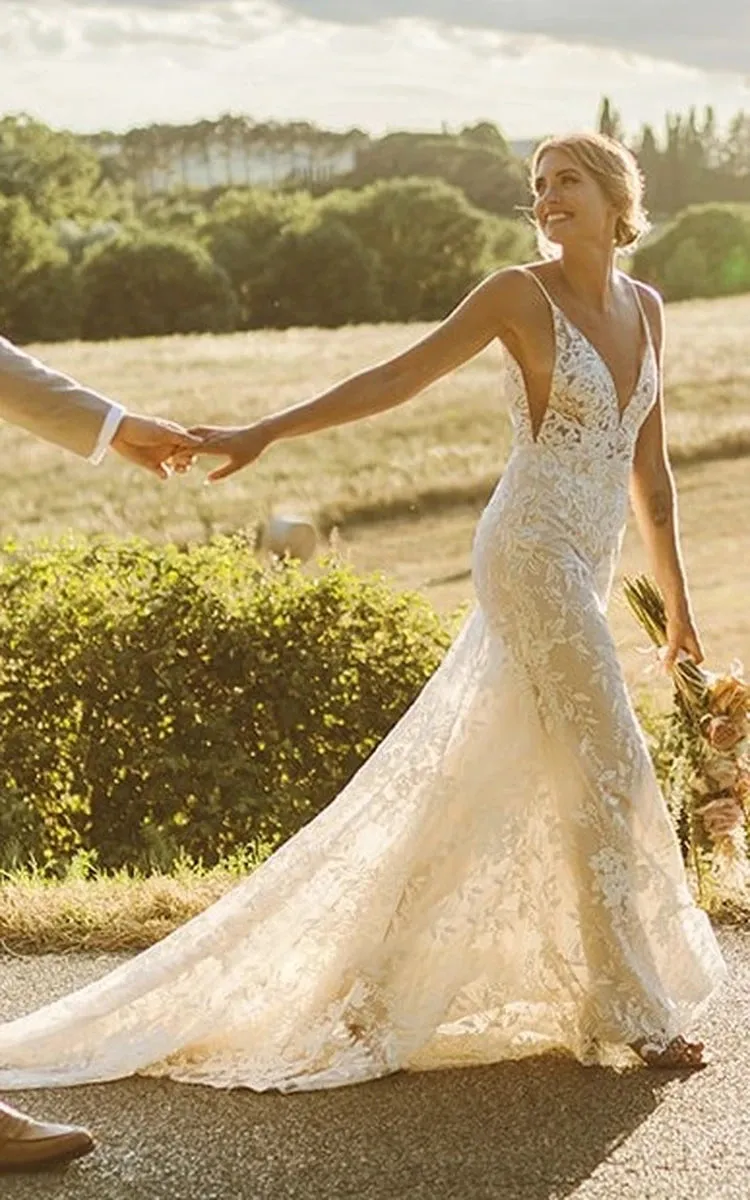 Bohemian Full Body Lace Mermaid Sexy Hip Wrap Wedding Dress Spaghetti Straps with Backless sold by KissProm product image thumbnail 2