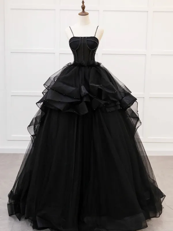 Quinceanera Dress A-Line Tulle Beads Black Long Prom Dress Black Sweet Dress sold by KissProm