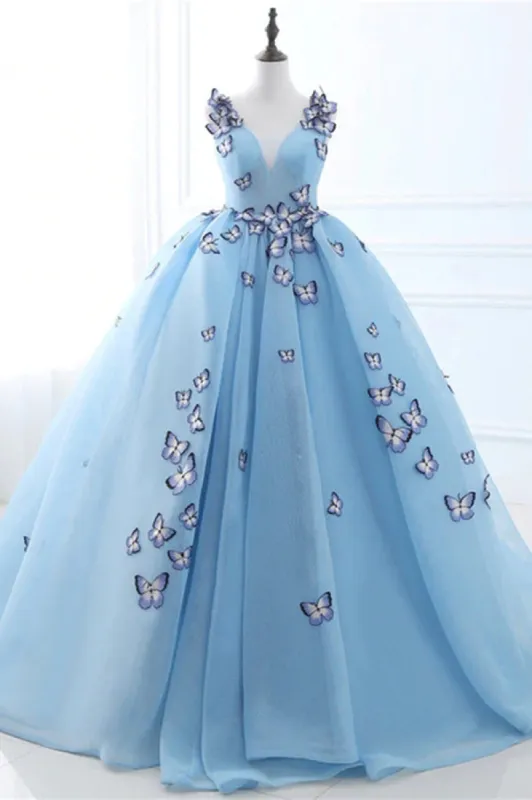 Quinceanera Dress Blue Butterfly Flowers Lace Up Ball Gowns Long Prom Dresses sold by KissProm