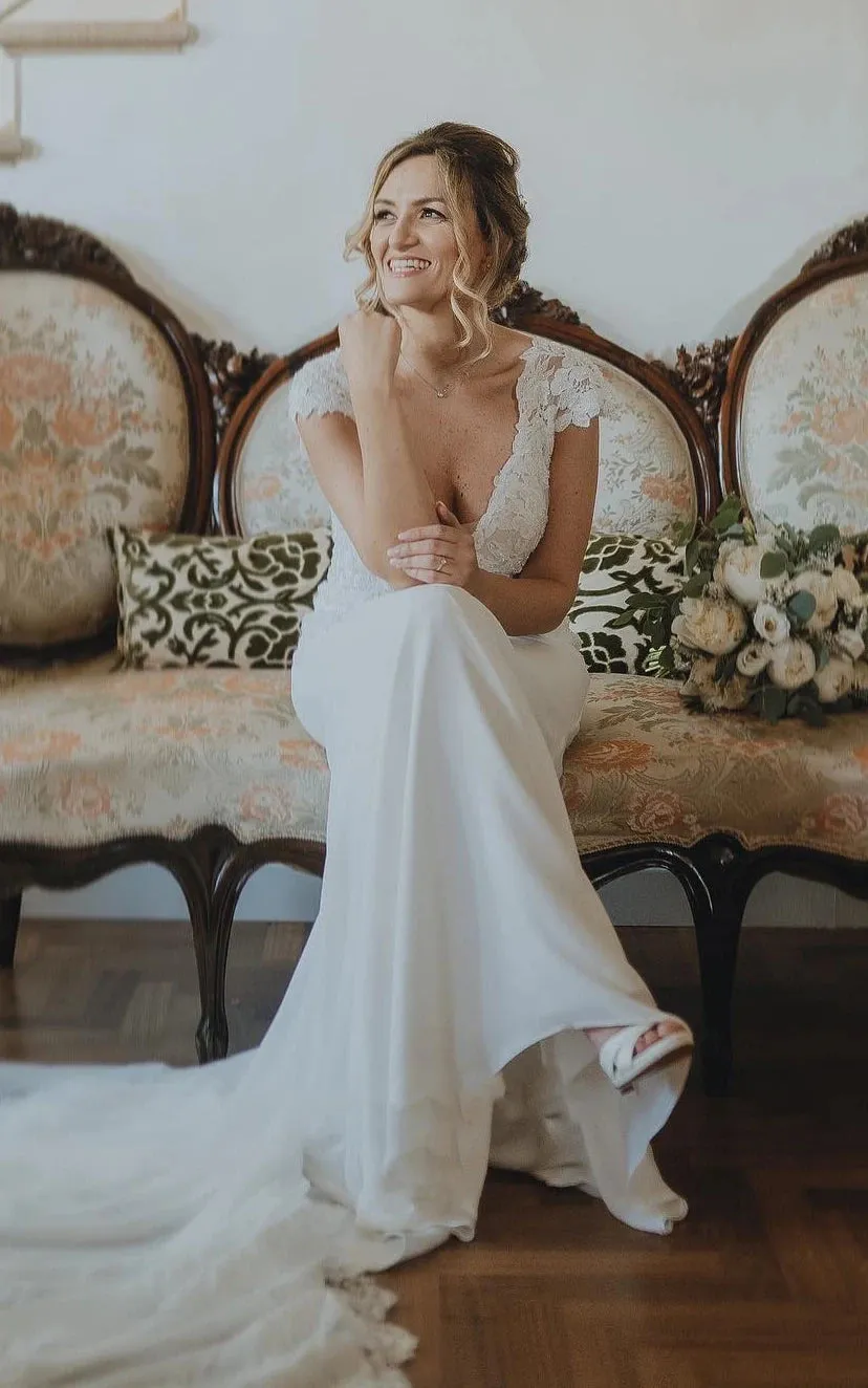 Sheath V-neck Chiffon Modern Wedding Dress With Short Sleeve And Sweep Train sold by KissProm product image thumbnail 4