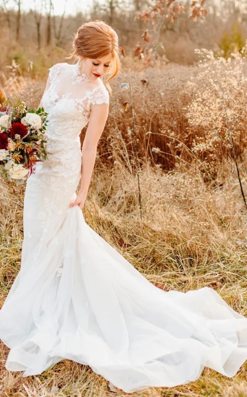 Sheath Ethereal Bell Sleeve Garden Wedding Dress Jewel High Neck Tulle Gown for Bridal sold by KissProm